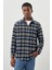 Lacivert Yünlü Ekose Desen Yumuşak Yaka Cepsiz Uzun Kol Casual Comfort Fit Gömlek 1004245227 1