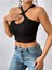Siyah Renk Degaje Yaka Düz Desensiz Çarpaz Askılı Likralı Fitilli Kaşkorse Crop Top Bluz 3
