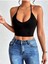 Siyah Renk U Yaka Düz Desensiz Likralı Ince Askılı Fitilli Kaşkorse Fit Crop Top Bluz 4