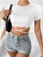 Beyaz Renk Bisiklet Yaka Düz Desensiz Likralı Ipli Fitilli Kaşkorse Crop Top Kısa Kollu Bluz 4