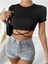 Siyah Renk Bisiklet Yaka Düz Desensiz Likralı Ipli Fitilli Kaşkorse Crop Top Kısa Kollu Bluz 1