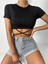 Siyah Renk Bisiklet Yaka Düz Desensiz Likralı Ipli Fitilli Kaşkorse Crop Top Kısa Kollu Bluz 4
