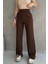 NO979 Kadın Kahverengi Yüksek Bel Krep Kumaş Likralı Rahat Kesim Cırtlı Palazzo Pantolon 1