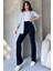 NO979 Kadın Lacivert Yüksek Bel Toparlayıcı Ispanyol Paça Palazzo Pantolon 5