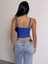 Mavi Renk Kalın Askılı Düz Desensiz Likralı Kaşkorse Fitilli Crop Top Bluz 2