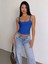 Mavi Renk Kalın Askılı Düz Desensiz Likralı Kaşkorse Fitilli Crop Top Bluz 4