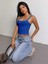 Mavi Renk Kalın Askılı Düz Desensiz Likralı Kaşkorse Fitilli Crop Top Bluz 5