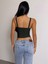 Siyah Renk Kalın Askılı Düz Desensiz Fitilli Likralı Kaşkorse Crop Top Bluz 2
