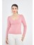 Pembe Kadın Derin V Yaka Uzun Kollu Fit Kesim Bluz - 2465 1