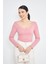 Pembe Kadın Derin V Yaka Uzun Kollu Fit Kesim Bluz - 2465 2