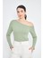 Yeşil Asimetrik Yaka Tek Omuz Açık Uzun Kollu Kadın Fit Bluz - 2463 2