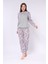 Gri Melanj Çiçek Baskılı - Düğme Patlı Yaka - Uzun Kollu - Kadın Pijama Takımı 2