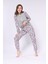 Gri Melanj Çiçek Baskılı - Düğme Patlı Yaka - Uzun Kollu - Kadın Pijama Takımı 3