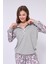 Gri Melanj Çiçek Baskılı - Düğme Patlı Yaka - Uzun Kollu - Kadın Pijama Takımı 5
