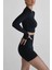 Siyah Bisiklet Yaka Crop Uzun Kol Tshirt Darkalıp Soft Touch Pamuklu Kumaş Parmak Detaylı Spor Body 2