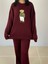 Kadın Uzun Kol Teddy Bear Bisiklet Yaka Triko Kazak Pantolon Takım (Bordo) 3