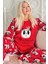 Standart Kol Kırmızı Life Panda Desenli Kadın Peluş Pijama Takımı Düz Lastikli Basic Normal Bel 1