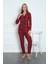 Uzun Süet Önden Düğmeli Pijama Takım Uzun Kol Uzun Kırmızı Tüm Yaş Grupları Homewear Düz Paça Baskı 4