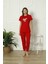 Hayır Yazlık Kadın Pamuk Pijama Takım Basic Sıfır Yaka Kırmızı Süprem Uzun %100 Pamuk Homewear Düz 4