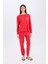 Düz Fall In Love Yılbaşı Temalı Pijama Takımı Uzun Kollu Üst Esnek Belli Uzun Alt D2290AX24WN Kırmı 1