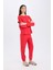 Düz Fall In Love Yılbaşı Temalı Pijama Takımı Uzun Kollu Üst Esnek Belli Uzun Alt D2290AX24WN Kırmı 2