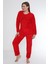 Uzun Wellsoft Kalın Kışlık Polar Kadın Pijama Takımı Normal Bel Kırmızı Uzun Sweatshirt-Pantolon Ho 2