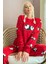 Normal Bel Kırmızı Zzz Wake Desenli Kadın Peluş Pijama Takımı Lastikli Baskılı Tüm Yaş Grupları 1