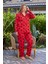 Hayır Büyük Beden Kadın Kırmızı Uzun Kollu Pamuklu Önden Düğmeli Pijama Takımı Süprem Homewear Nor 2