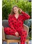 Hayır Büyük Beden Kadın Kırmızı Uzun Kollu Pamuklu Önden Düğmeli Pijama Takımı Süprem Homewear Nor 3