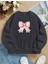 Oversize Bisiklet Yaka Basic Powder Pink Ribbom Baskılı Sweatshirt - Füme 1