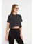 Pamuklu Crop Kadın Kısa Kollu Tişört Grimelanj Antrasit 3