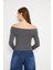 Kayık Yaka Uzun Kollu Kadın Omuzu Açık Sweatshirt Gri Melanj Antrasit 5