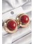 Pirinç Gold Renk Kırmızı Doğal Taşlı Daire Vintage Kadın Küpe 1