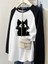 Vintage Reglan Uzun Kollu Black Cat Baskılı Beyaz T-Shirt 1