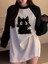 Vintage Reglan Uzun Kollu Black Cat Baskılı Beyaz T-Shirt 3