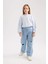 Kız Çocuk Mavi Regular Fit Düz Kesim Bisiklet Yaka Basic Düz Pamuklu Sweatshirt B7788A8NS 2