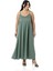 Büyük Beden Ayarlanabilir Ince Askılı Derin Plikaşe Detaylı Yırtmaçlı Saten Uzun Mint Yeşili Elbise 4