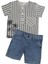 Mk Palmiyeli Gömlekli Kot Şortlu Erkek Çocuk Kısa Kol Takım 6-10 Yaş Lacivert Çizgili 1158-L 1
