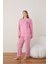 Kadın Kışlık Büyük Beden Curve Nakışlı Desenli Yakası Düğmeli Uzun Kollu Pijama Takımı 4