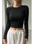 Kadın Uzun Kollu Fitilli Basic Crop Bluz Siyah 1