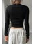 Kadın Uzun Kollu Fitilli Basic Crop Bluz Siyah 2