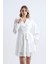 Paris | Kuşaklı Mini Kloş Elbise Kruvaze Yaka Uzun Balon Kol Katlı Kloş Etek - Beyaz 3
