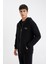 Siyah Relax Fit Kapüşonlu Waffle Baskılı Cepli Fermuarlı Sweatshirt D2629AX24AU 3