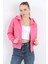 Kadın Tam Fermuarlı Kapüşonlu Cepli Kısa Oversize Sweatshirt Pembe - 2503 1