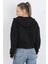 Kadın Tam Fermuarlı Kapüşonlu Cepli Kısa Oversize Sweatshirt Siyah - 2503 4