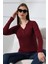 Yakası Düğmeli Likralı Ribana Kumaş Uzun Kol Bluz 21926 Bordo 1