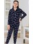 Kız Çocuk Pamuklu Süet Lacivert Kalp Desenli Gömlek Yaka Boydan Düğmeli Uzun Kollu Pijama Takımı M6590 1