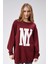 Fancy Kadın Bisiklet Yaka Ny Baskılı Regular Sweatshirt Bordo 5