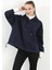 Kadın Stoperli Triko Detaylı Kapüşonlu Sweatshirt Lacivert - 5086 1