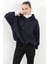 Kadın Stoperli Triko Detaylı Kapüşonlu Sweatshirt Lacivert - 5086 3